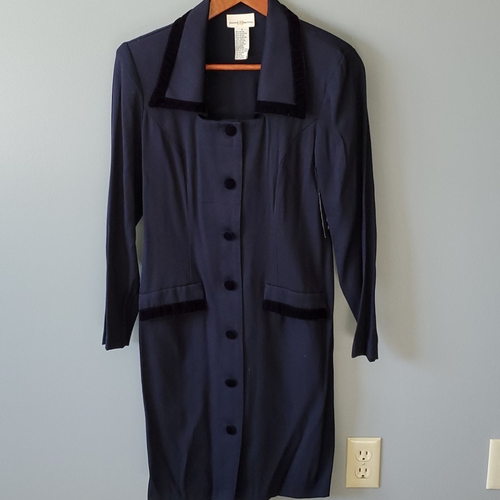 Vintage navy blue dress with velour accent collar